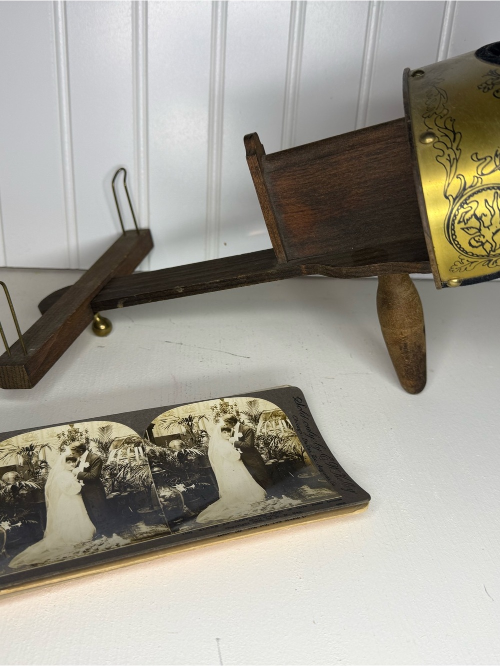 Antique Wooden Stereoscope with Handle and Viewing Cards 1900c